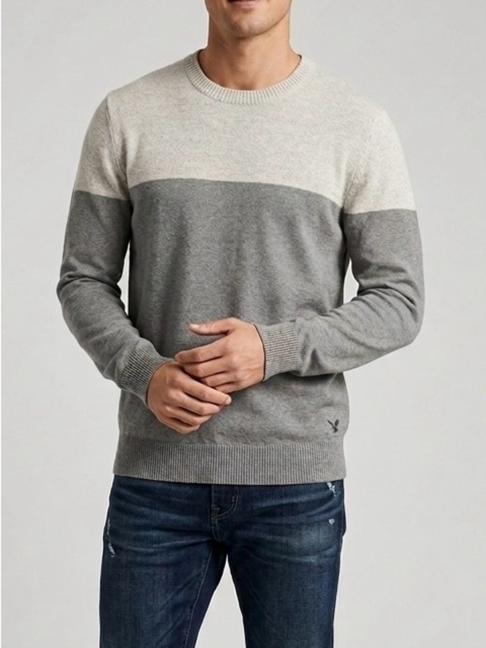 American Eagle Men Colorblock Sweater Gray Beige Crewneck M Elevated Basics